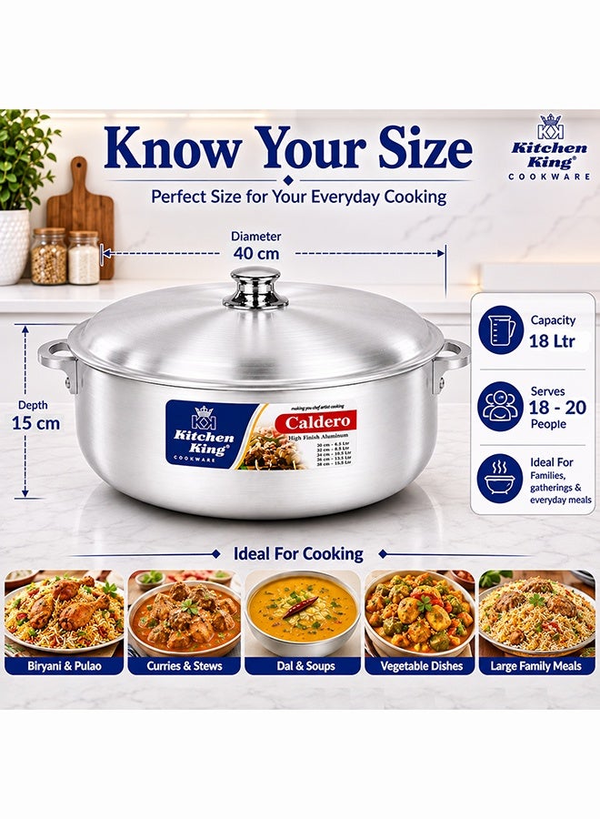 Kitchen King Caldero Aluminium Cooking Pot with Lid 40 cm (18 Ltr), Heavy-Duty Wide Base, Shallow Casserole for Biryani, Rice, Curry & Stews, Even Heat Distribution, Dishwasher Safe, Silver - Image 3