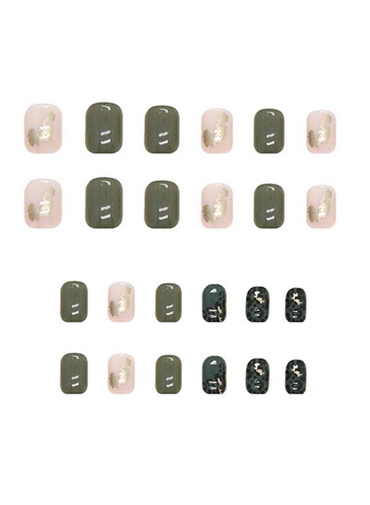 KASTWAVE 24Pcs Short Press on Nails Square Fake Green Leopard Print Acrylic Full Cover False with Gold Foil Graphic Designs Glossy Glue Stick Artificial for Women Girls - Image 1