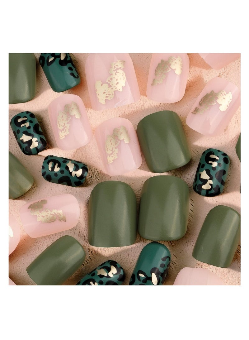 KASTWAVE 24Pcs Short Press on Nails Square Fake Green Leopard Print Acrylic Full Cover False with Gold Foil Graphic Designs Glossy Glue Stick Artificial for Women Girls - Image 2