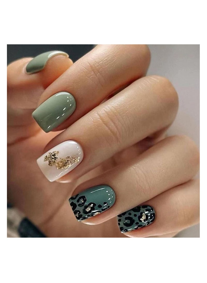 KASTWAVE 24Pcs Short Press on Nails Square Fake Green Leopard Print Acrylic Full Cover False with Gold Foil Graphic Designs Glossy Glue Stick Artificial for Women Girls - Image 3
