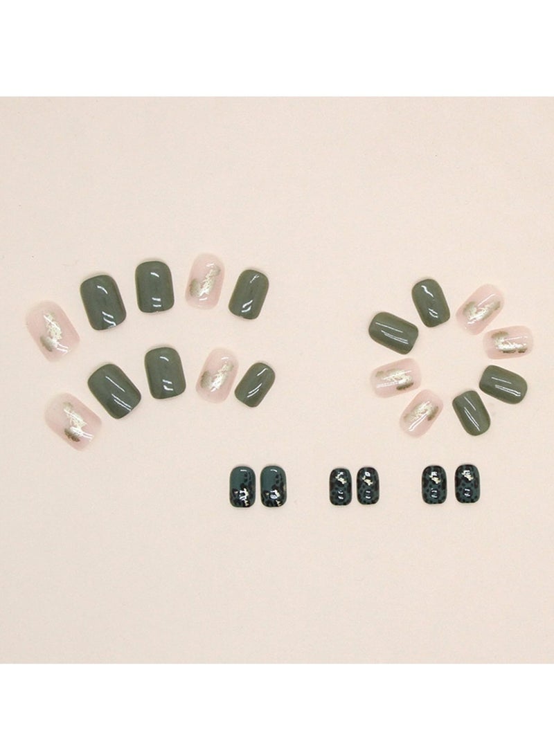KASTWAVE 24Pcs Short Press on Nails Square Fake Green Leopard Print Acrylic Full Cover False with Gold Foil Graphic Designs Glossy Glue Stick Artificial for Women Girls - Image 5