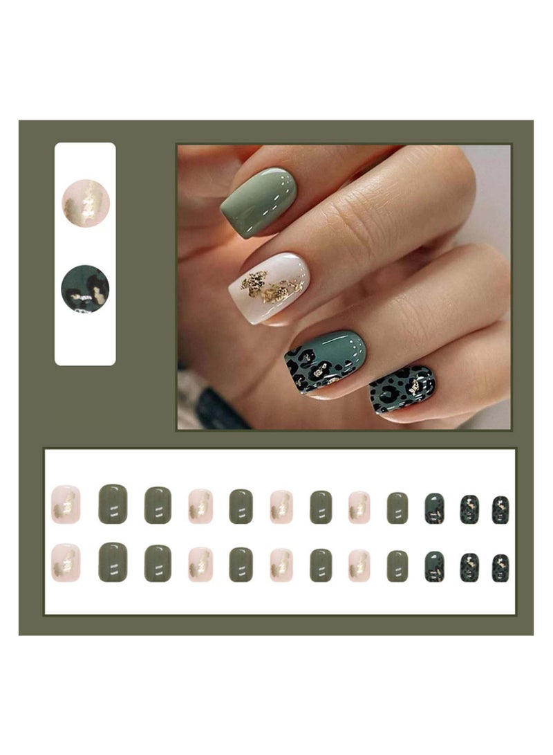 KASTWAVE 24Pcs Short Press on Nails Square Fake Green Leopard Print Acrylic Full Cover False with Gold Foil Graphic Designs Glossy Glue Stick Artificial for Women Girls - Image 4