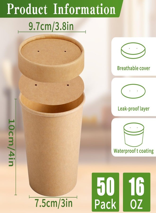 Loccmat 50 Pack Kraft Paper Soup Containers with Lids, 16 Oz Disposable Paper Food Containers, Round, Brown, General Use, Freezer & Microwave Safe - Image 2