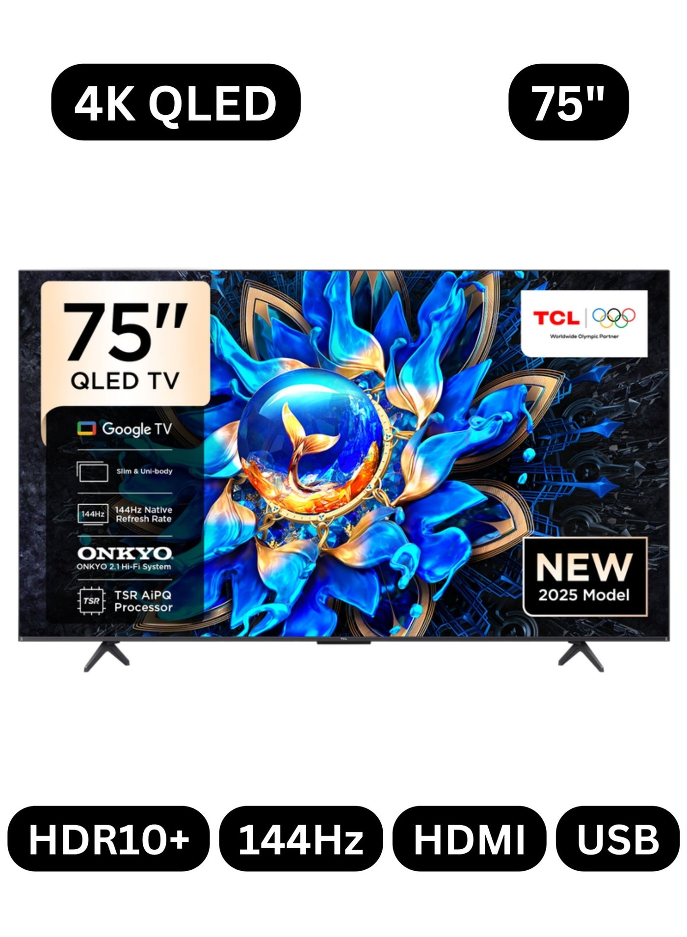75-inch T8C Premium QLED 4K Smart TV (2026 - UAE Version) TCL 75" 75T8C Google TV With AiPQ Pro Processor, 144Hz Native Refresh Rate, ONKYO 2.1 Hi-Fi System, DTS Virtual X, HVA Panel, Game Master 75T8C Black