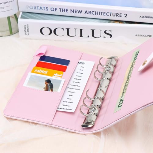 Mogoostry A6 Binder Cover Heart Shaped Stitching PU Pink Leather 6 Ring Loose Leaf Refillable Notebook Round Ring Binder Protector Snap Closure Budget Folder - Image 4