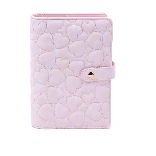 Mogoostry A6 Binder Cover Heart Shaped Stitching PU Pink Leather 6 Ring Loose Leaf Refillable Notebook Round Ring Binder Protector Snap Closure Budget Folder - Image 1