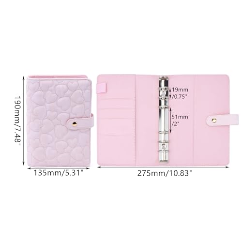 Mogoostry A6 Binder Cover Heart Shaped Stitching PU Pink Leather 6 Ring Loose Leaf Refillable Notebook Round Ring Binder Protector Snap Closure Budget Folder - Image 2