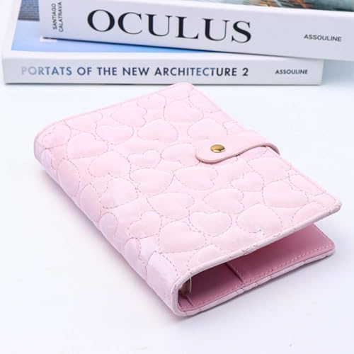 Mogoostry A6 Binder Cover Heart Shaped Stitching PU Pink Leather 6 Ring Loose Leaf Refillable Notebook Round Ring Binder Protector Snap Closure Budget Folder - Image 3
