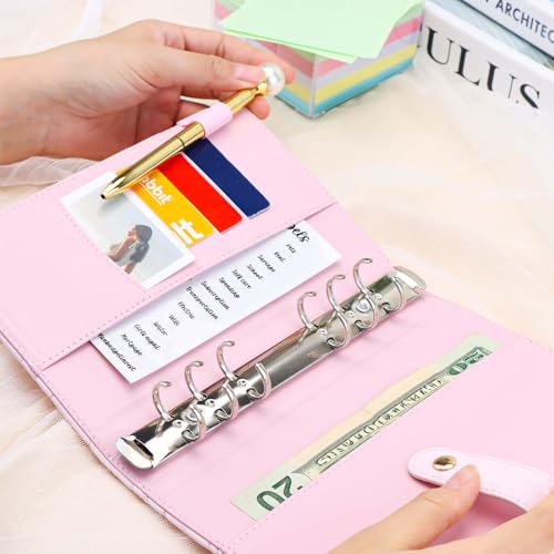Mogoostry A6 Binder Cover Heart Shaped Stitching PU Pink Leather 6 Ring Loose Leaf Refillable Notebook Round Ring Binder Protector Snap Closure Budget Folder - Image 5