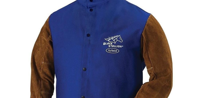Revco Black Stallion (FRB9-30C/BS) 30" Length, 9 oz Flame-Resistant Cotton & Cowhide Hybrid Welding Jacket, Standup Welder's Collar, Dual Scribe Pockets, X-Large, Royal Blue and Brown - Image 2
