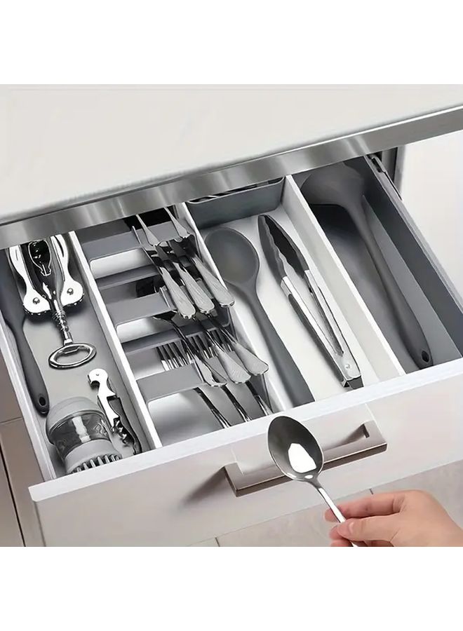 Grey Expandable Utensil Drawer Organizer No Installation Needed Easy Clean Silicone Kitchen Storage Box - Image 1