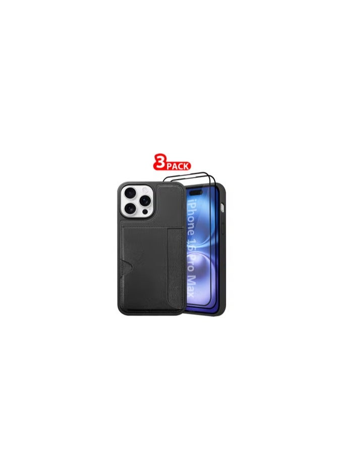 CATANES iPhone 16 Pro Max 3Packs Case Leather Antifingerprint Cover with Wallet Card Slot Shell, Side Insert Card Holder, Anti Fall Protection - Black  - Image 1