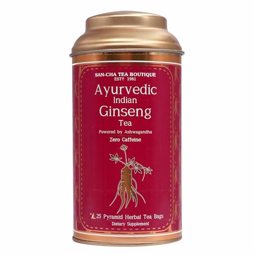 SAN-CHA Sancha Tea Boutique, Ayurvedic Ginseng Tea, Indian Ginseng, Pure Ashwagandha Blend, 25 Pyramid Bags, Caffeine Free Herbal Tisane - Image 1