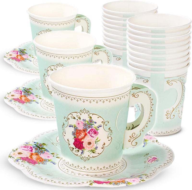 Talking Tables 24 x Pretty Vintage Disposable Floral Cup  Saucer Afternoon Tea Party Set Truly Scrumptious Disposable Tableware for Mothers Day Kids Birthday Bridal Baby Shower Weddings - Image 1