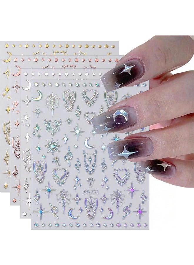 rocooart 4 Colour Aurora Holographic Moon Star Nail Art Stickers Decals Self-Adhesive Colorful Nail Supplies Nail Art Design Decoration Accessories （Gold, Rose gold, Silver, Aurora）4PCS - Image 1
