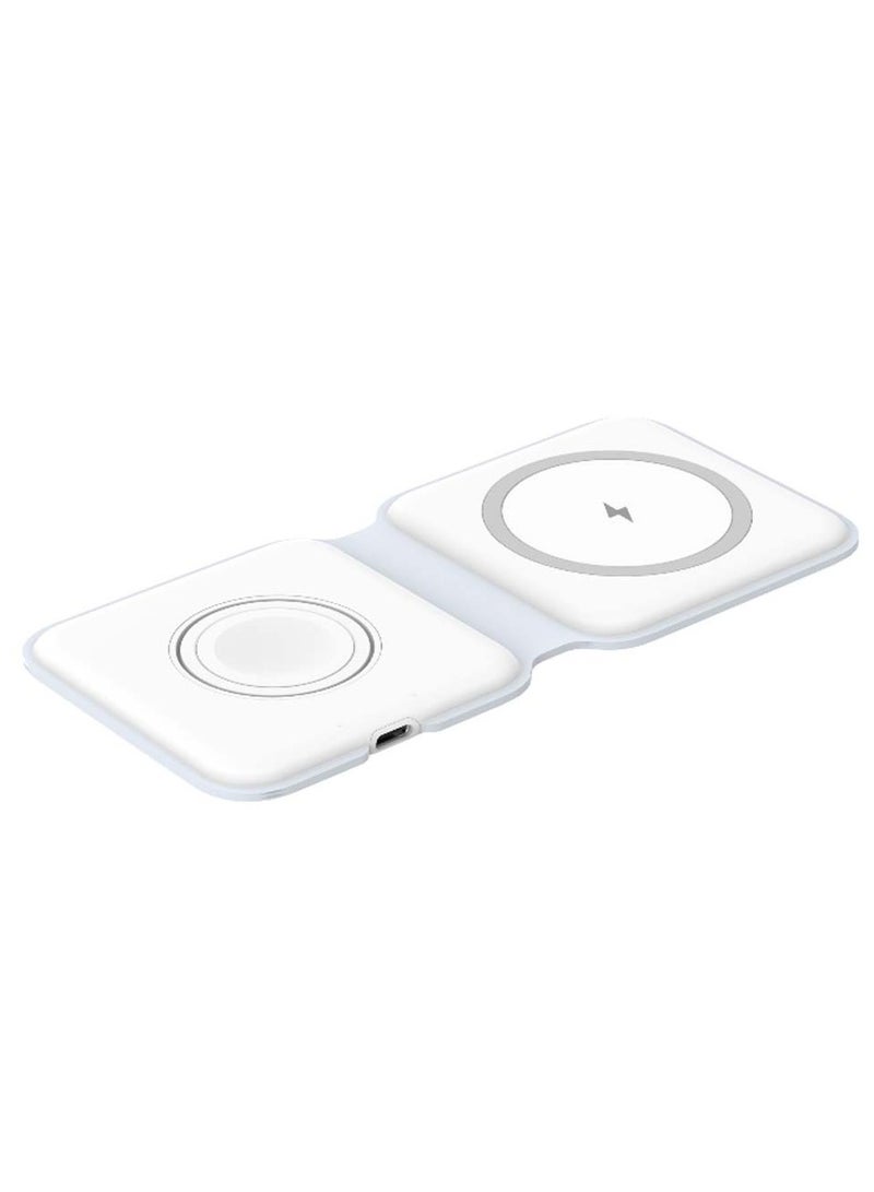 فيدفي شاحن لاسلكي مغناطيسي 2 في 1 قابل للطي، يوفر شحن سريع للهاتف والساعات الذكية بتصميم خفيف ومتين. مناسب للحمل والاستخدام اليومي مع ضوء شاشة يوضح حالة الشحن. - Image 1