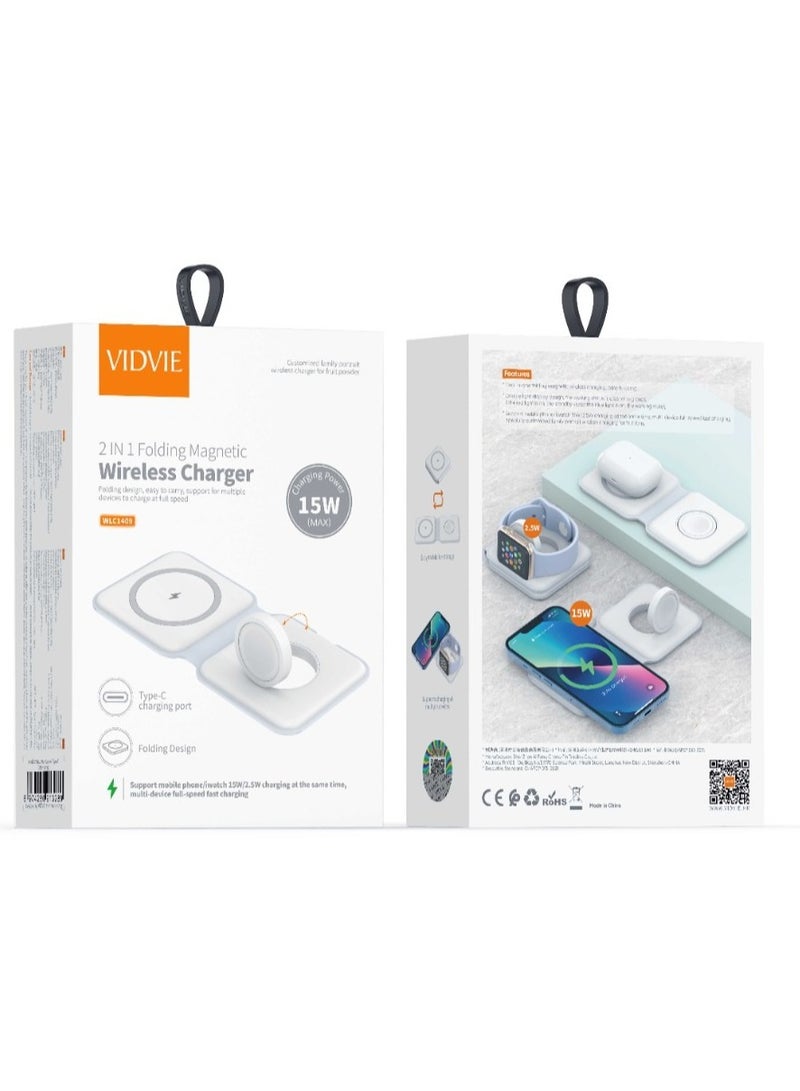 فيدفي شاحن لاسلكي مغناطيسي 2 في 1 قابل للطي، يوفر شحن سريع للهاتف والساعات الذكية بتصميم خفيف ومتين. مناسب للحمل والاستخدام اليومي مع ضوء شاشة يوضح حالة الشحن. - Image 3