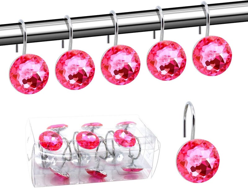 BEAVO Acrylic Fashion Decorative Home Rolling Shower Curtain Hooks Rhinestones Bathroom Bath Baby Room Bedroom Living Room Decor Set of 12 Rings (Pink) - Image 1