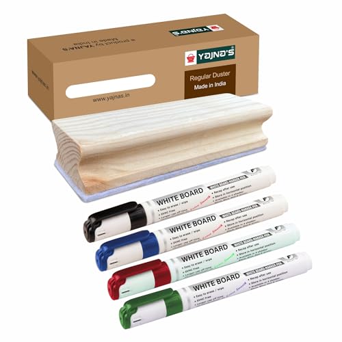 YAJNAS Wooden Duster & Marker Combo For Whiteboard & Chalkboard Use - Duster + 1 Black + 1 Blue + 1 Red + 1 Green Marker Combo, Premium Non Magnetic Wooden Duster With Whiteboard Marker - Image 1