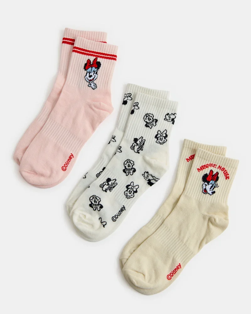 Redtag Women Assorted Minnie Crew Length  Socks (3 Pairs)