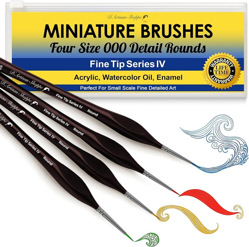 D'Artisan Shoppe Small Paint Brush Miniature Brushes. Fine Tip Series 4pc 000 Paintbrushes Set for Art Watercolor Acrylics Oil - Model Craft Airplane Kits Nail Paint by Numbers Micro Detail Hobby Painting - Image 1