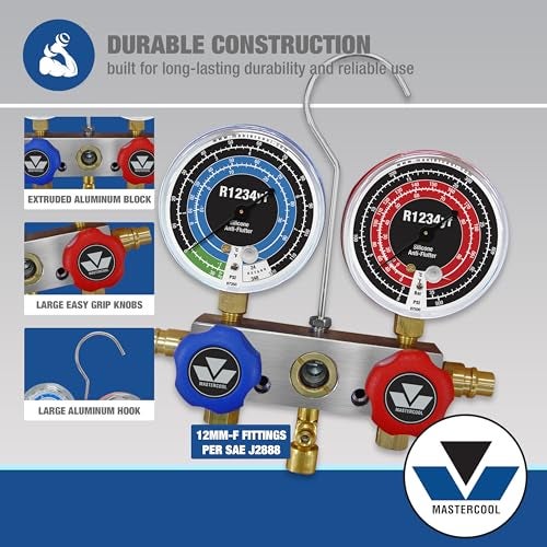 Mastercool 83272 R1234yf 2-Way Manifold Gauge Set with 72" Hoses – U.S. Designed, Assembled, and Tested – Durable Aluminum Construction and 3.5" Anti-Flutter Gauges - Image 3