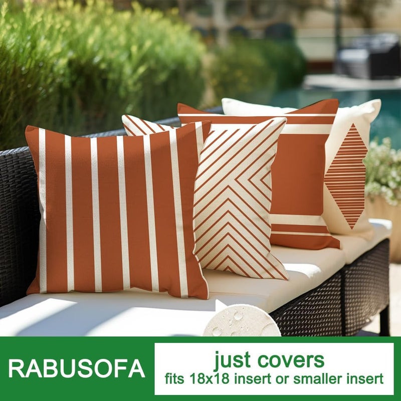 RABUSOFA أغطية وسائد خارجية من رابوسوفا مقاس 18×18 بوصة مقاومة للماء، طقم من 4 قطع من وسائد بوهو باللون الصدئ والبيج لأثاث الفناء، أريكة صنبريلا (2R-18) (صدئ وبيج، 18×18 بوصة، طقم من 4) - Image 2
