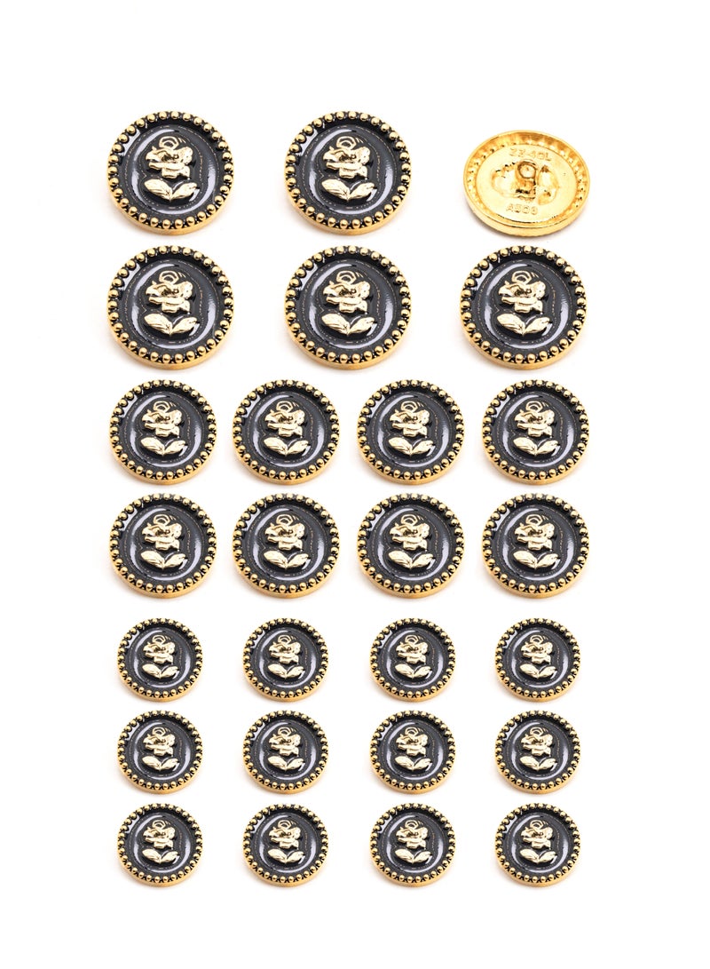 26 Pcs and 3 Sizes Metal Button Set. Round Shape with Flower Design  ( Gold + Black)  - Image 1