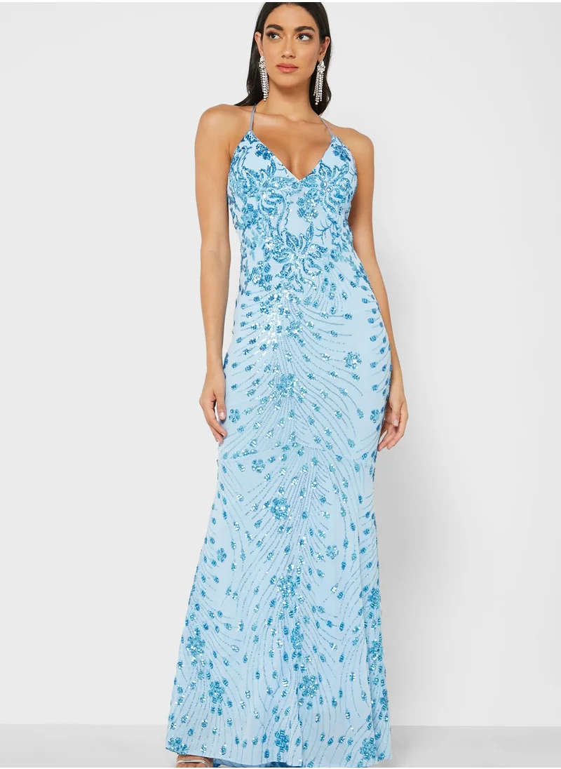 QUIZ Sequin Mesh Backless Fishtail Maxi Dress
