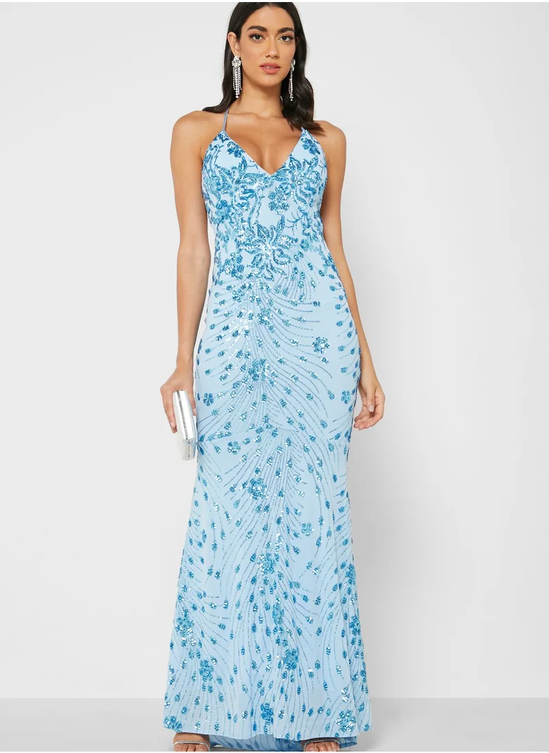 QUIZ Sequin Mesh Backless Fishtail Maxi Dress
