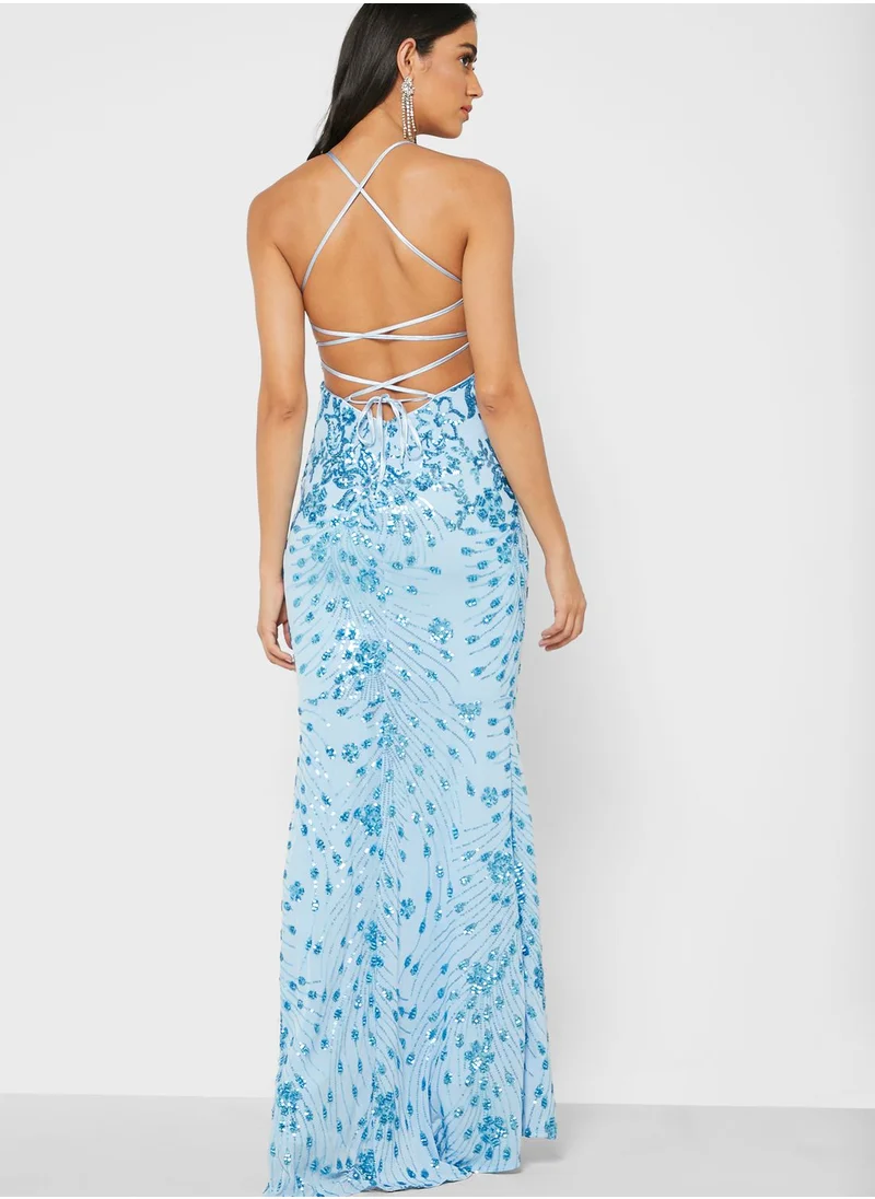 QUIZ Sequin Mesh Backless Fishtail Maxi Dress