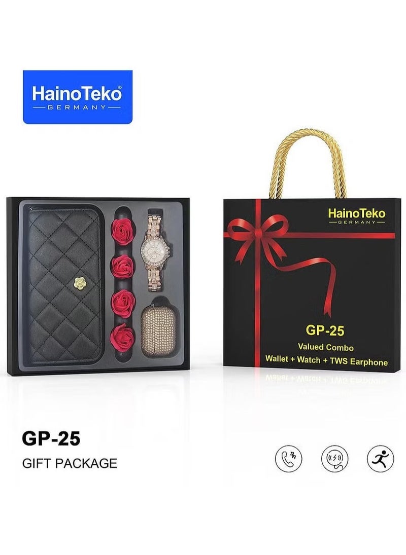 Haino Teko Germany GP 25 Valued Combo with Wallet, Watch, and TWS Earphones – Stylish and Practical Gift Set in Random Colours, Perfect for Men and Women, Complete with Essential Accessories for Everyday Use - Image 1