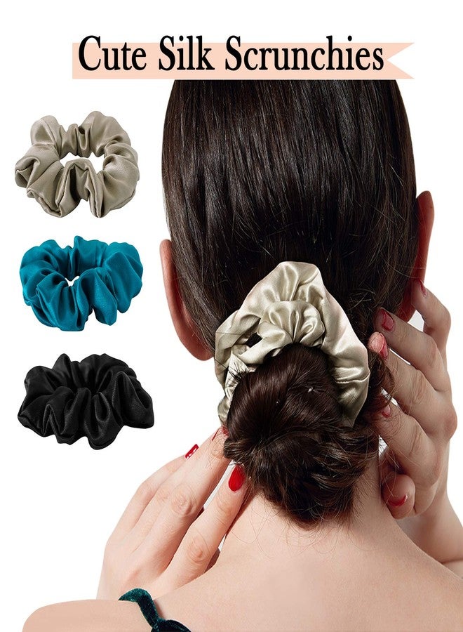 SOBONNY MulberrySilk Scrunchies for Women Hair Ties for Sleep and Night Hair Sleep, Women Grils Silk Hair Ties 3 Pack（Black,Taupe,Peacock blue） - Image 2