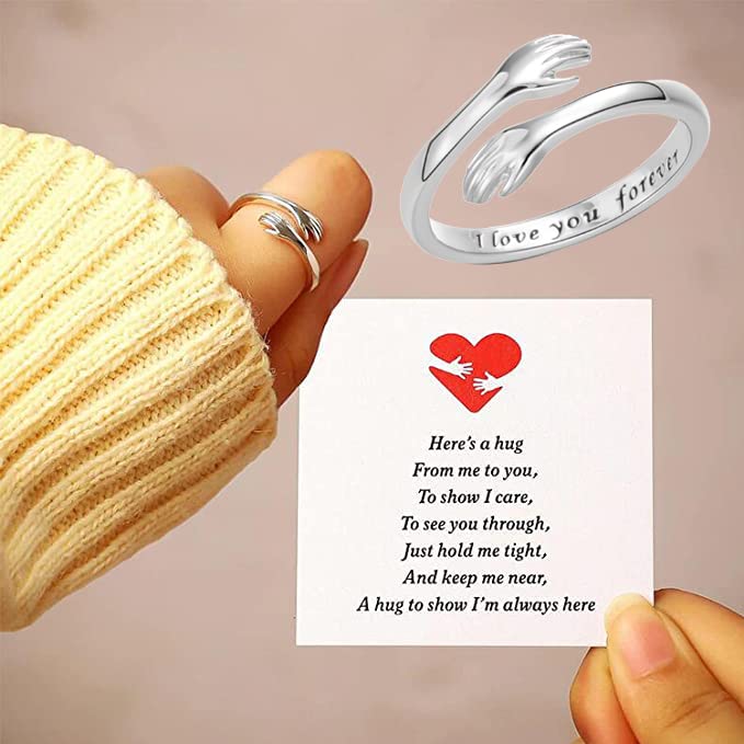 RINHOO Hug Rings for Women 18K Gold Plated Gold Silver Adjustable Ring for Mother Daughter(I love you forever-Silver) - Image 4