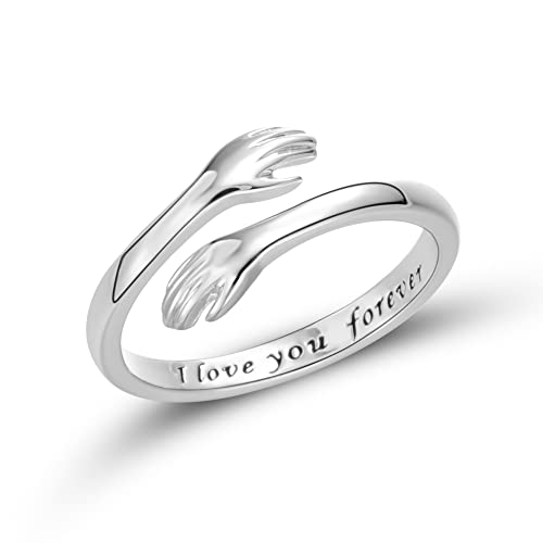 RINHOO Hug Rings for Women 18K Gold Plated Gold Silver Adjustable Ring for Mother Daughter(I love you forever-Silver) - Image 1