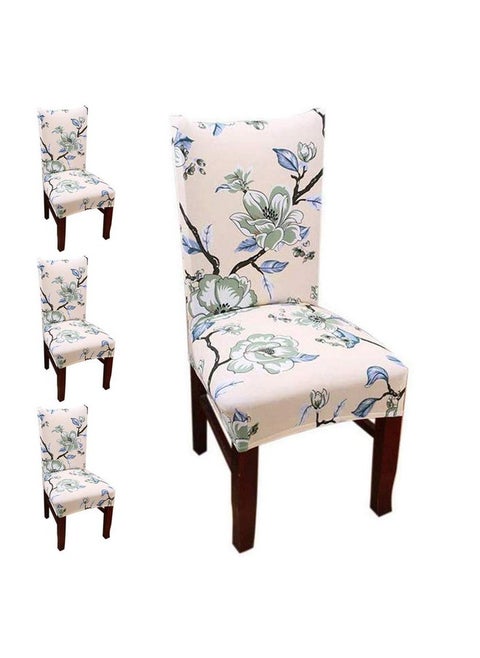 Styleys Polyester Blend Stretchable Printed Dining Washable Elastic Chair Covers Seat Case Protector, Slipcover - Set of 4 (Large, SD01 Beige/Green Flower)