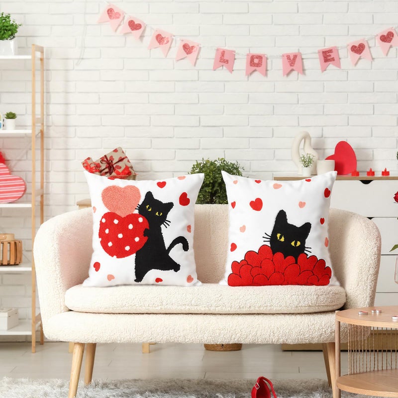 Mindsoft 2 Pcs Valentines Day Pillow Covers 18 x 18 Inch Embroidery Cushion Covers Red Heart Throw Pillowcase Cute Black Cat Pillow Cover Valentine Home Decor for Chair Sofa Bedroom Living Room - Image 4