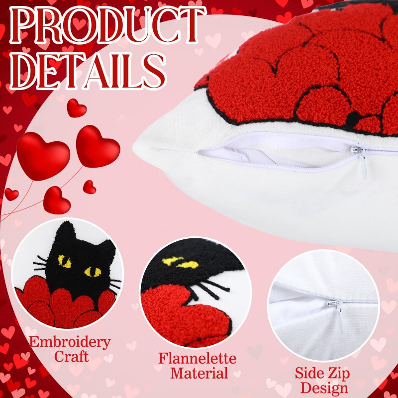 Mindsoft 2 Pcs Valentines Day Pillow Covers 18 x 18 Inch Embroidery Cushion Covers Red Heart Throw Pillowcase Cute Black Cat Pillow Cover Valentine Home Decor for Chair Sofa Bedroom Living Room - Image 2