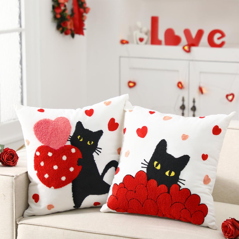 Mindsoft 2 Pcs Valentines Day Pillow Covers 18 x 18 Inch Embroidery Cushion Covers Red Heart Throw Pillowcase Cute Black Cat Pillow Cover Valentine Home Decor for Chair Sofa Bedroom Living Room - Image 1