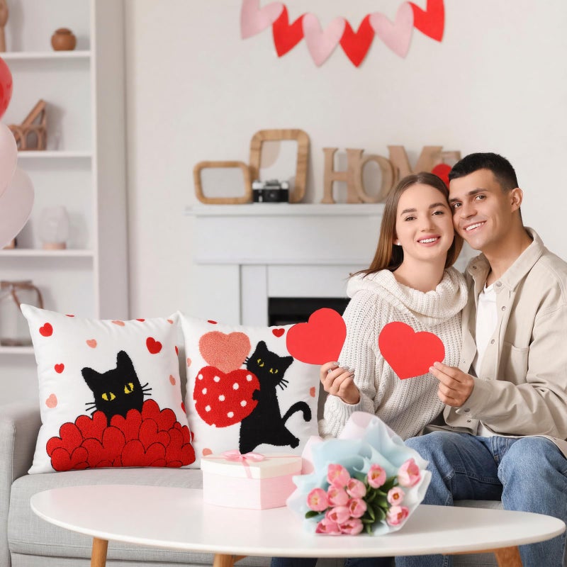 Mindsoft 2 Pcs Valentines Day Pillow Covers 18 x 18 Inch Embroidery Cushion Covers Red Heart Throw Pillowcase Cute Black Cat Pillow Cover Valentine Home Decor for Chair Sofa Bedroom Living Room - Image 5