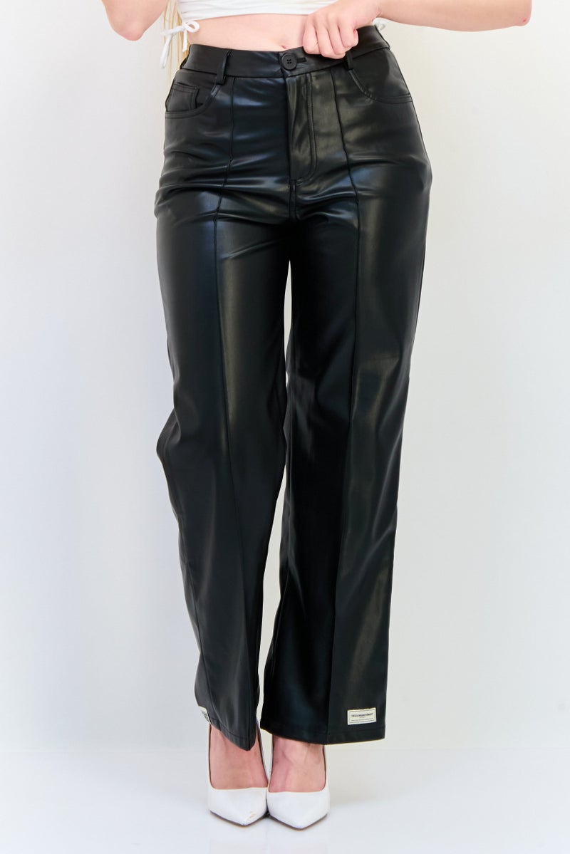 The Giving Movement Women Regular Fit Brand Logo Pleather Straight Leg Pants, Black - Image 1