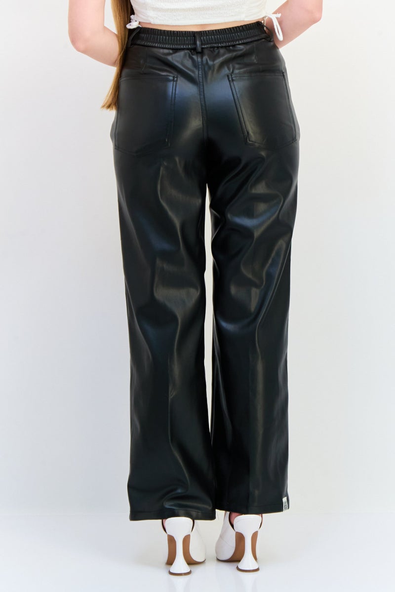 The Giving Movement Women Regular Fit Brand Logo Pleather Straight Leg Pants, Black - Image 2