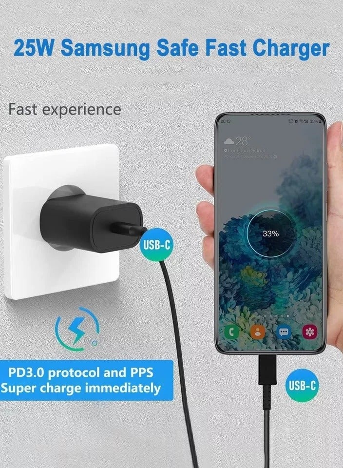 general شاحن سريع 25 وات من النوع C متوافق مع Samsung Galaxy S23 وS23 Ultra وS22 وS22+ وS21 وS21 FE وA73 وA23 وA33 وA53 وZ Flip 4 وZ Fold 4، قابس شاحن سريع USB C مع كابل شحن من النوع C بطول 1.5 متر باللون الأسود - Image 2