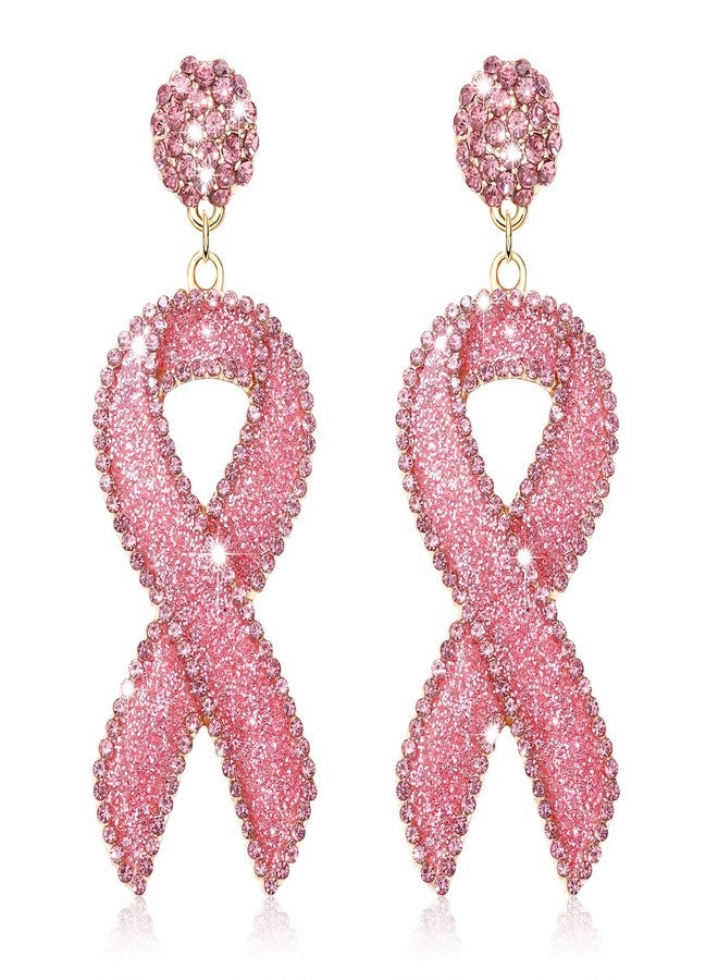 BVGA Glitter Rhinestone Pink Ribbon Drop Earrings Beaded Breast Cancer Awareness Earrings Jewelry for Women Breast Cancer Survivor Support Jewelry Gifts (Glitter rosy) - Image 1