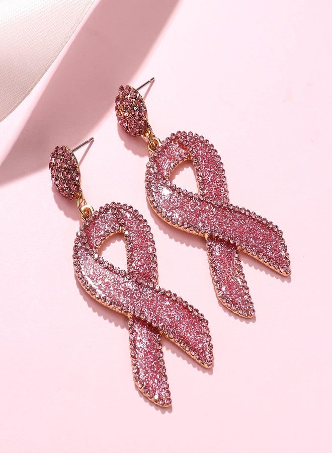 BVGA Glitter Rhinestone Pink Ribbon Drop Earrings Beaded Breast Cancer Awareness Earrings Jewelry for Women Breast Cancer Survivor Support Jewelry Gifts (Glitter rosy) - Image 2