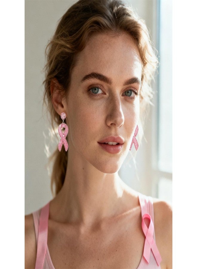 BVGA Glitter Rhinestone Pink Ribbon Drop Earrings Beaded Breast Cancer Awareness Earrings Jewelry for Women Breast Cancer Survivor Support Jewelry Gifts (Glitter rosy) - Image 5