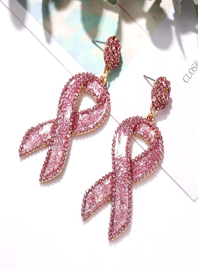 BVGA Glitter Rhinestone Pink Ribbon Drop Earrings Beaded Breast Cancer Awareness Earrings Jewelry for Women Breast Cancer Survivor Support Jewelry Gifts (Glitter rosy) - Image 4