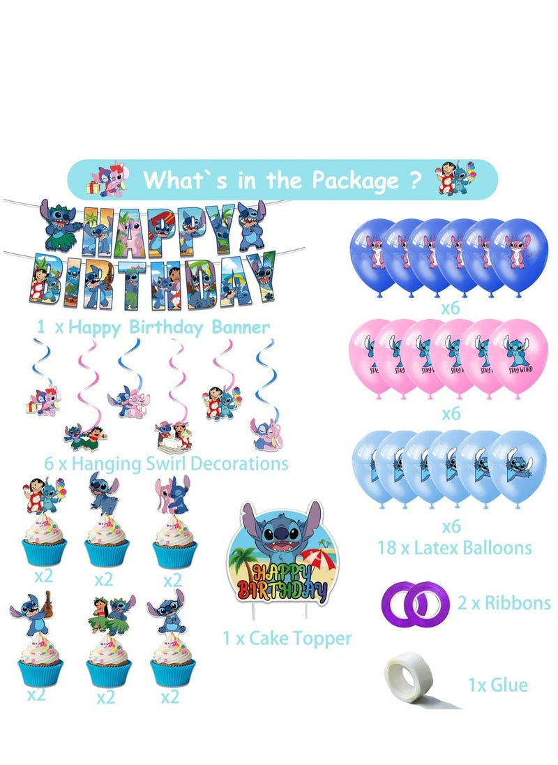 Tamona - Lilo & Stitch Birthday Party Supplies, Pink Blue  Stitch Birthday Party Decorations, Stitch & Lilo Cartoon Party Favors for Boys Girls Included Happy Birthday Banner, Cupcake Toppers, Balloons-38 Pcs. - Image 1