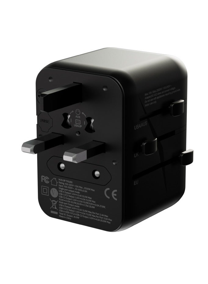 blupebble Passport 5 GaN III World Travel Adapter | 35W QC 3.0 Fast Charger with 3 USB-C & 2 USB-A | Universal Plug for USA, UK, EU, AU | Compatible with iPhone, Laptop, Tablets - Image 2