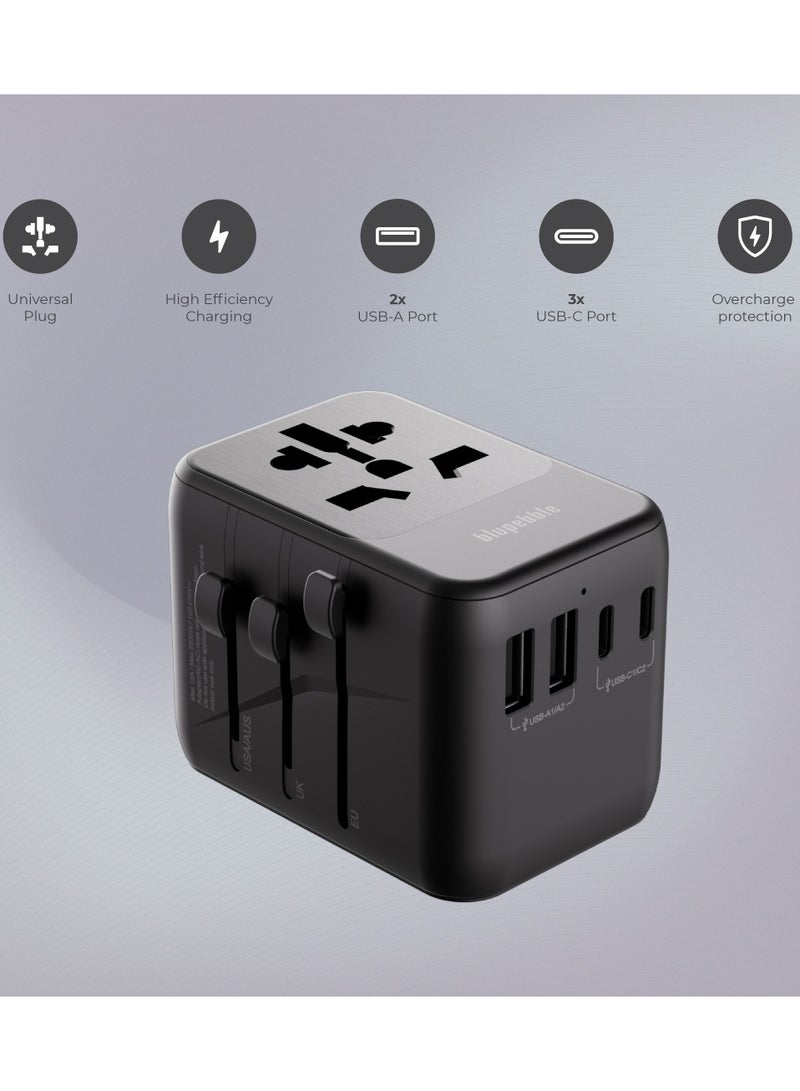 blupebble Passport 5 GaN III World Travel Adapter | 35W QC 3.0 Fast Charger with 3 USB-C & 2 USB-A | Universal Plug for USA, UK, EU, AU | Compatible with iPhone, Laptop, Tablets - Image 3